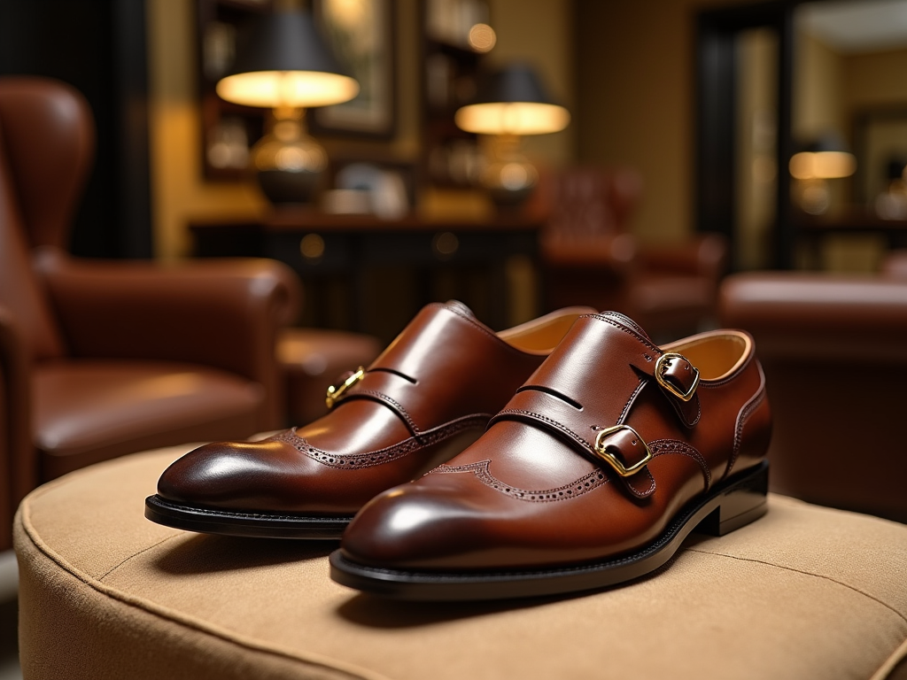 Elegant brown leather double monk strap shoes on a cushion in a sophisticated lounge.