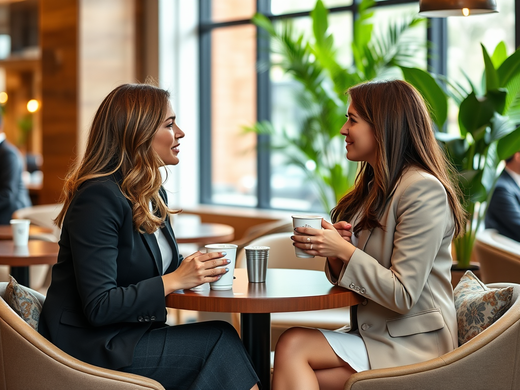 Two women are seated at a table in a cafe, enjoying coffee and engaging in conversation amidst a relaxed atmosphere.