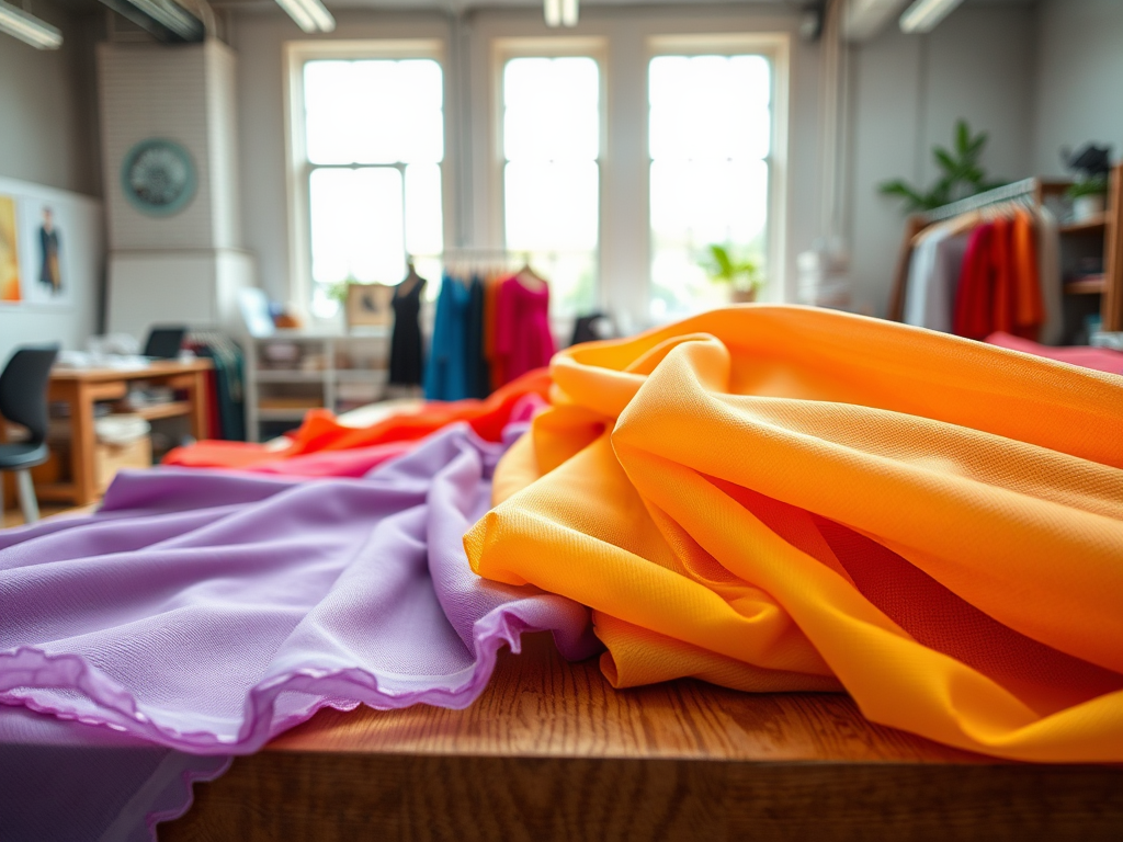 Colorful fabric swatches in various shades are spread across a wooden table in a bright workspace filled with textiles.