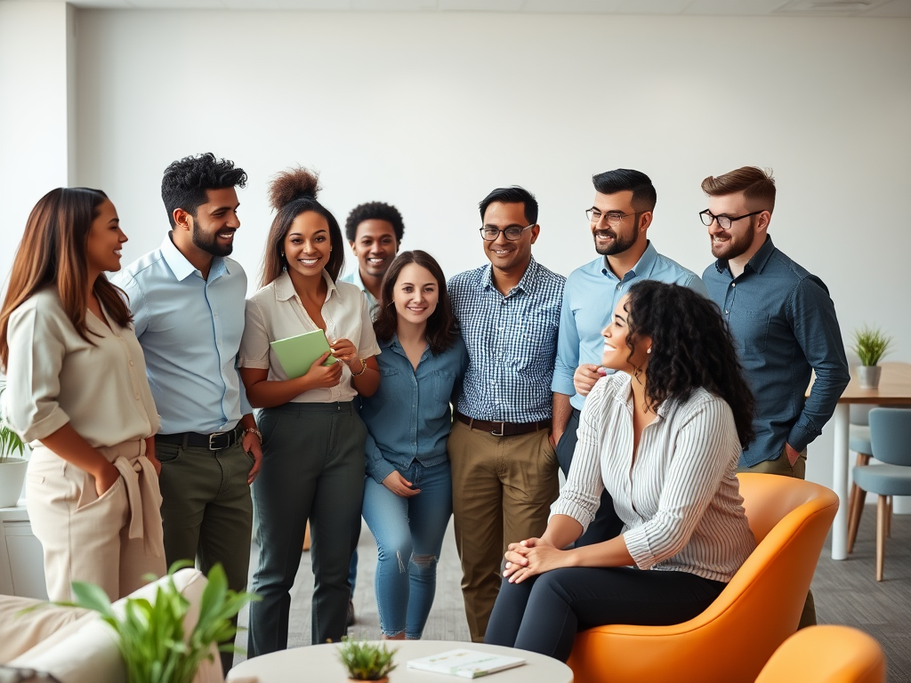 A diverse group of professionals smiling and interacting in a bright office setting.