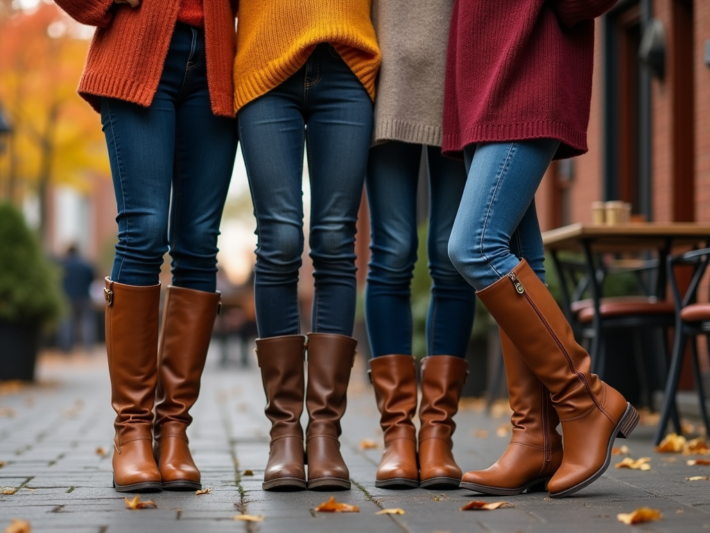 Three women wearing jeans and brown leather boots standing on a cobblestone path with fallen leaves.