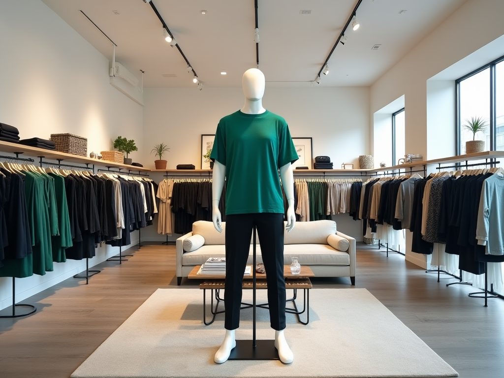 Mannequin in a green shirt in a modern clothing store with racks of garments.