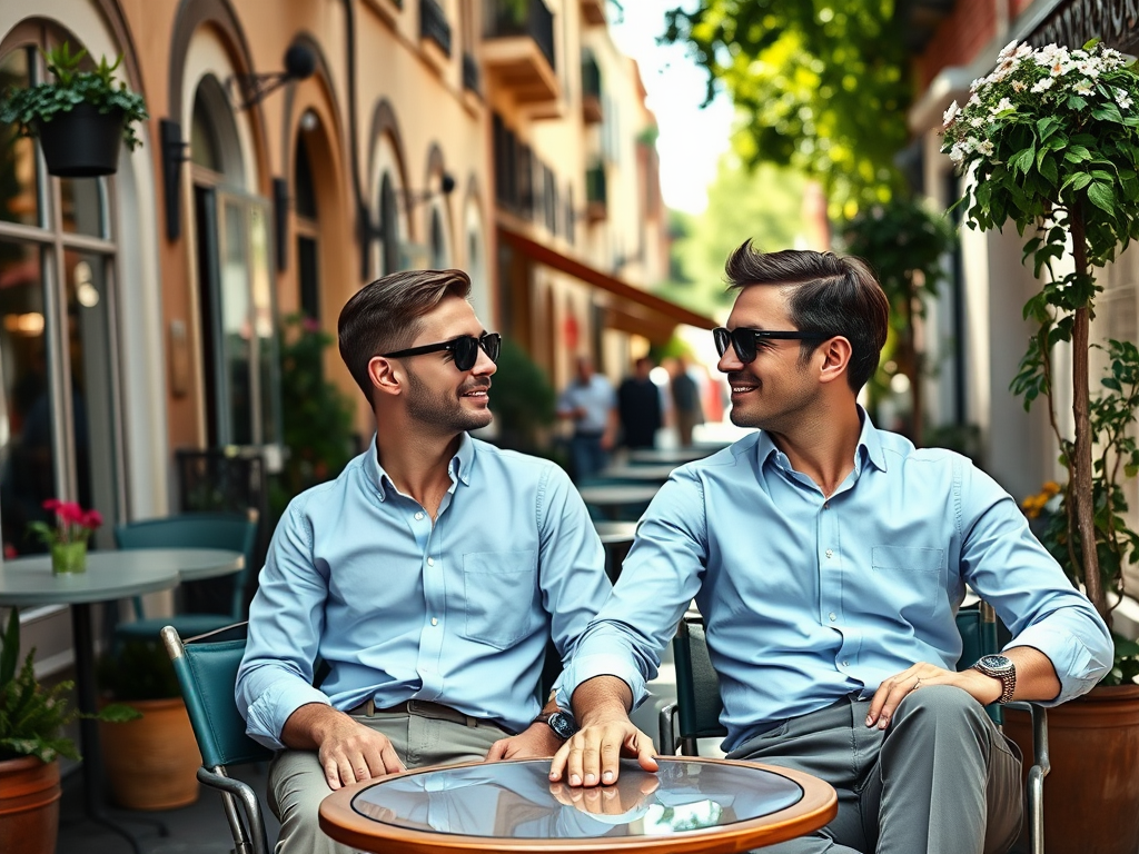 Two young men in blue shirts and sunglasses sit at an outdoor café, looking at each other and smiling.