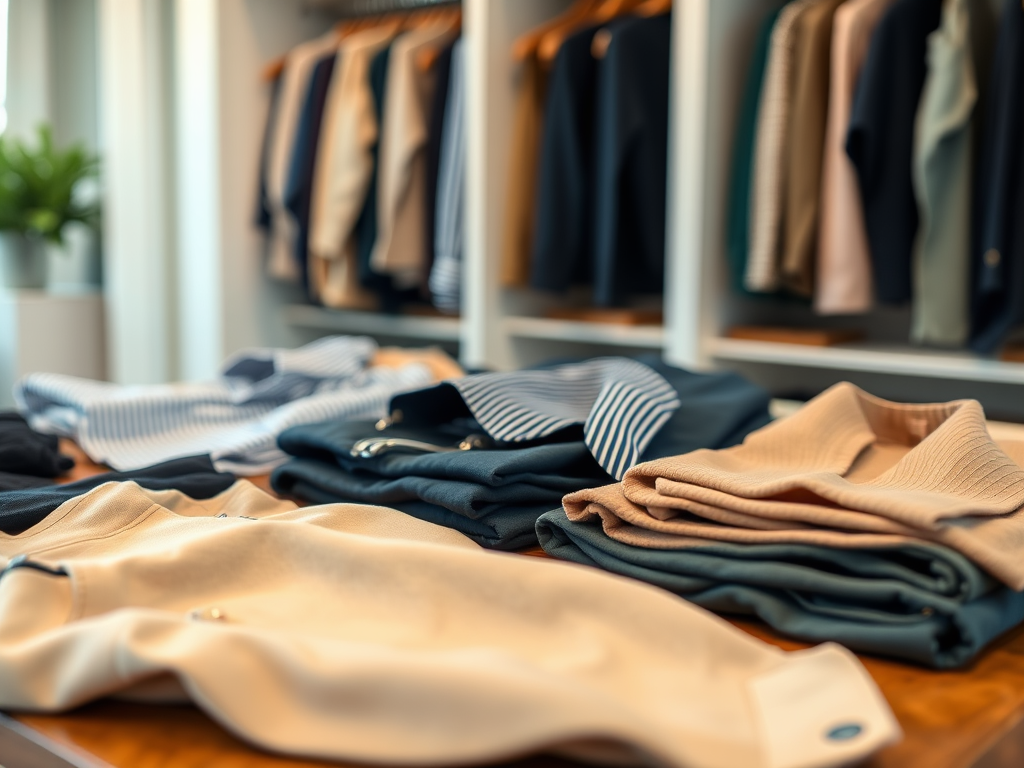 A collection of neatly folded clothing on a wooden table, with various colors displayed on shelves in the background.