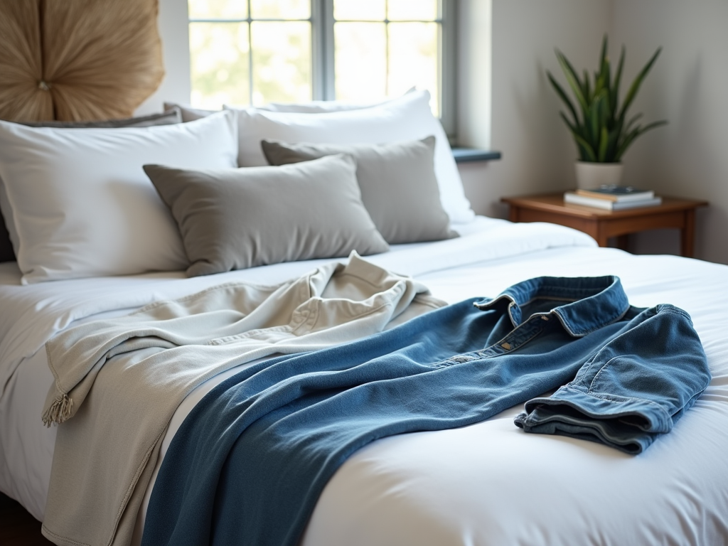 Unmade bed with blue jeans and sweatshirt, white and beige pillows, and a plant by the window.