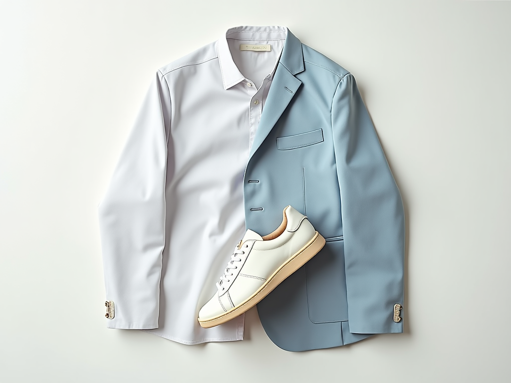 A neatly arranged light blue blazer, white shirt, and white sneakers displayed on a soft beige background.