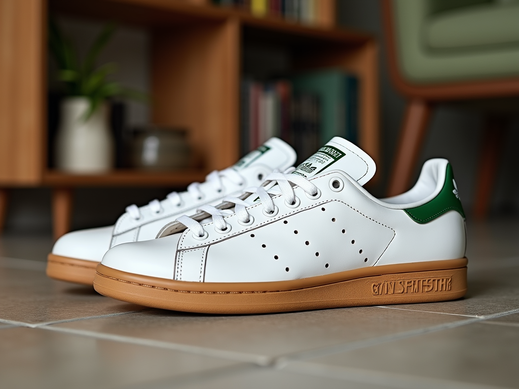 White and green sneakers on tile floor with a blurry background of a bookshelf and plant.