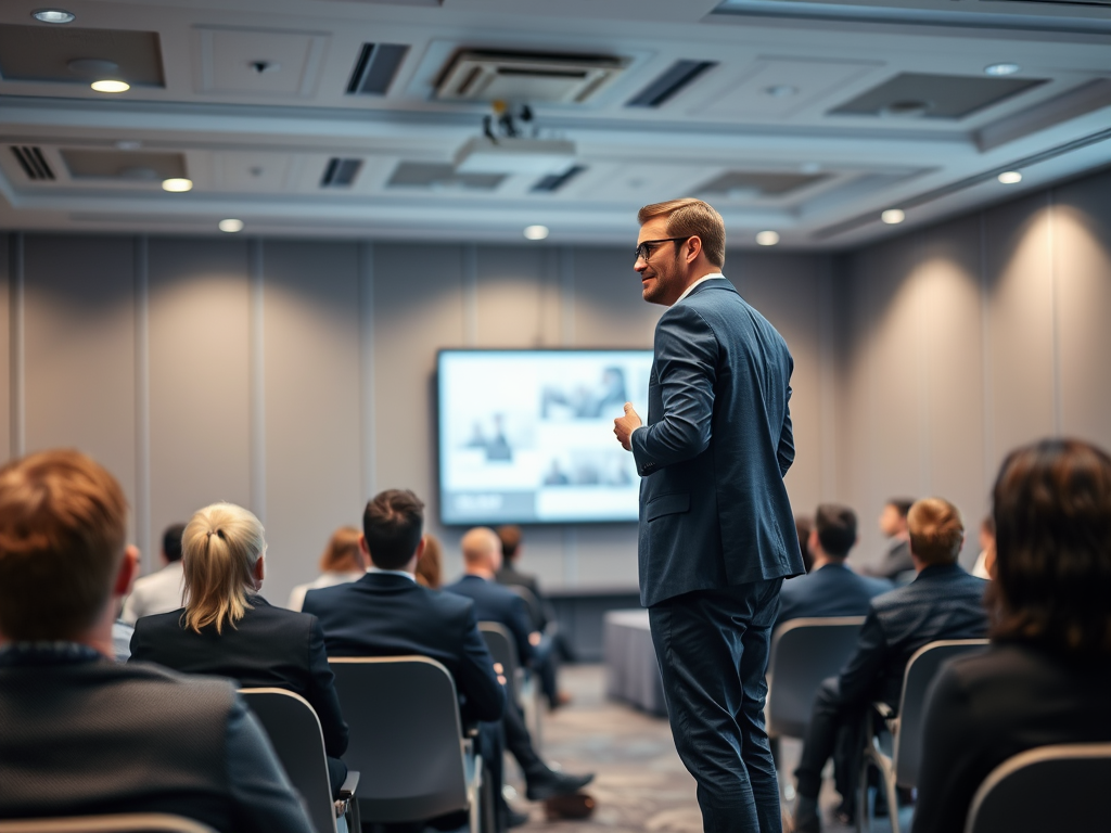 A speaker in a suit addresses an audience during a conference presentation in a modern meeting room.