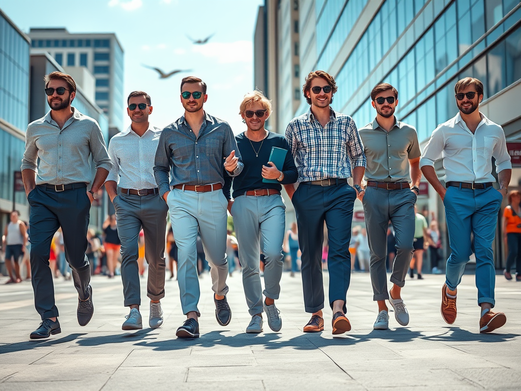 A group of six stylishly dressed men walks confidently down a bustling city street on a sunny day.