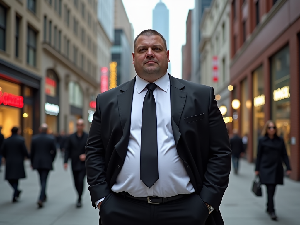 Man in a black suit and tie standing confidently on a busy city street.