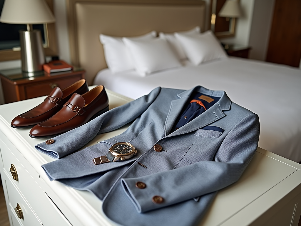 Elegant men's outfit laid out on a dresser, featuring a gray suit, brown loafers, and a wristwatch.