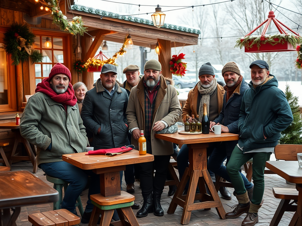 A group of seven people, dressed warmly, posing with drinks at a festive outdoor gathering in winter.