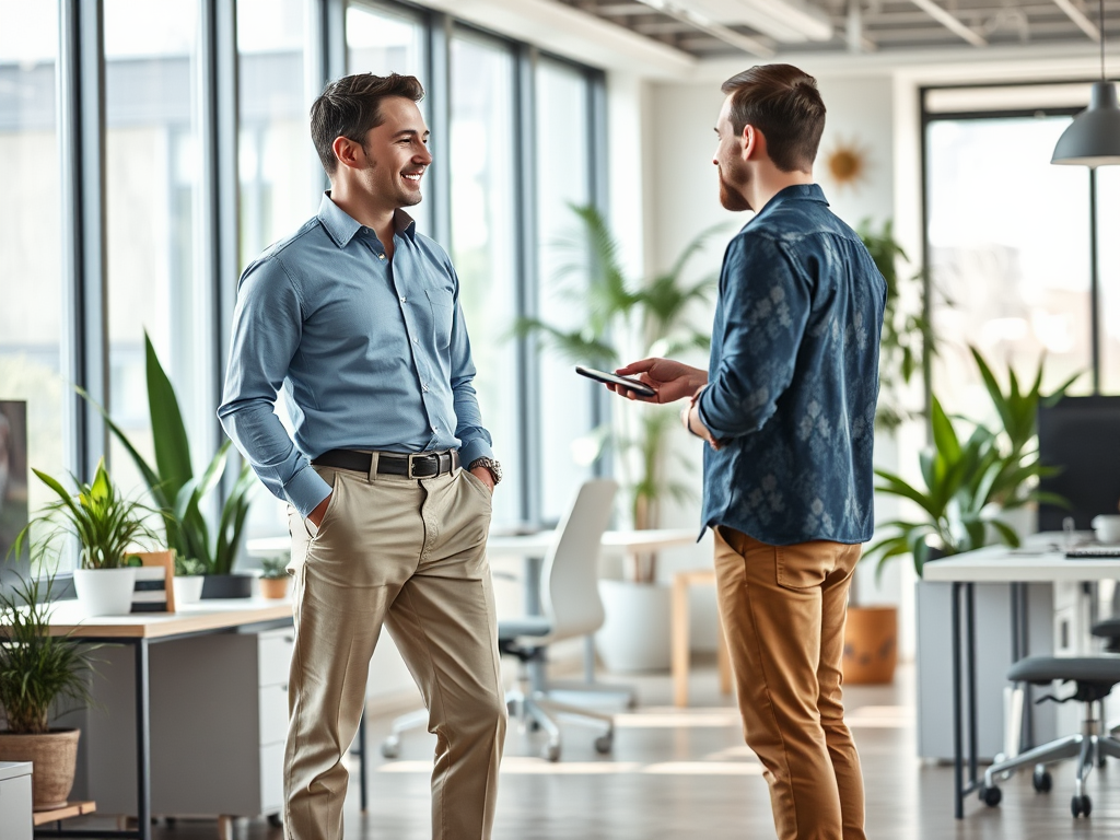 Two men are talking in a bright, modern office with plants and large windows, engaged in a friendly conversation.