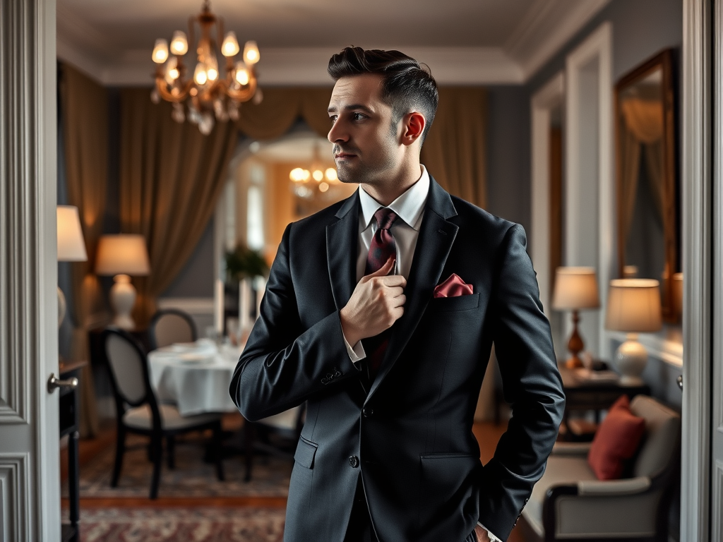 A well-dressed man adjusts his tie, standing in an elegant dining room with warm lighting and stylish decor.