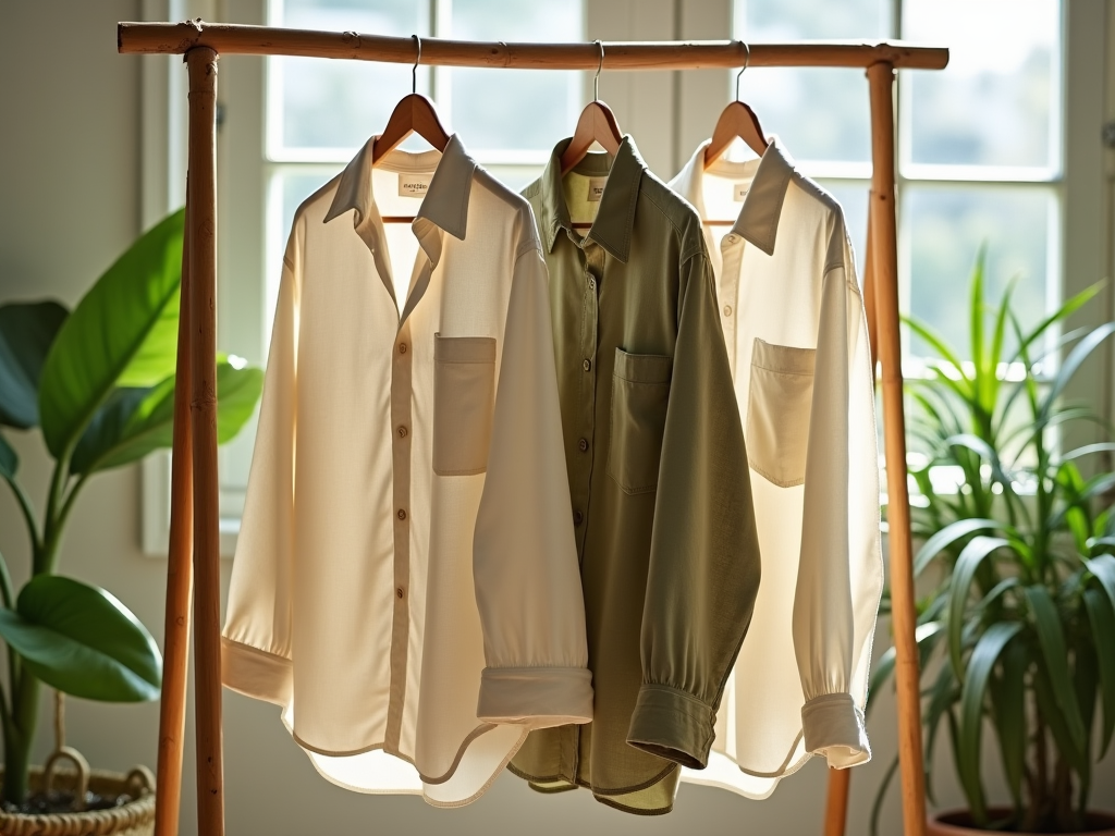 Three shirts hanging on a wooden rack in a sunlit room with green plants in the background.