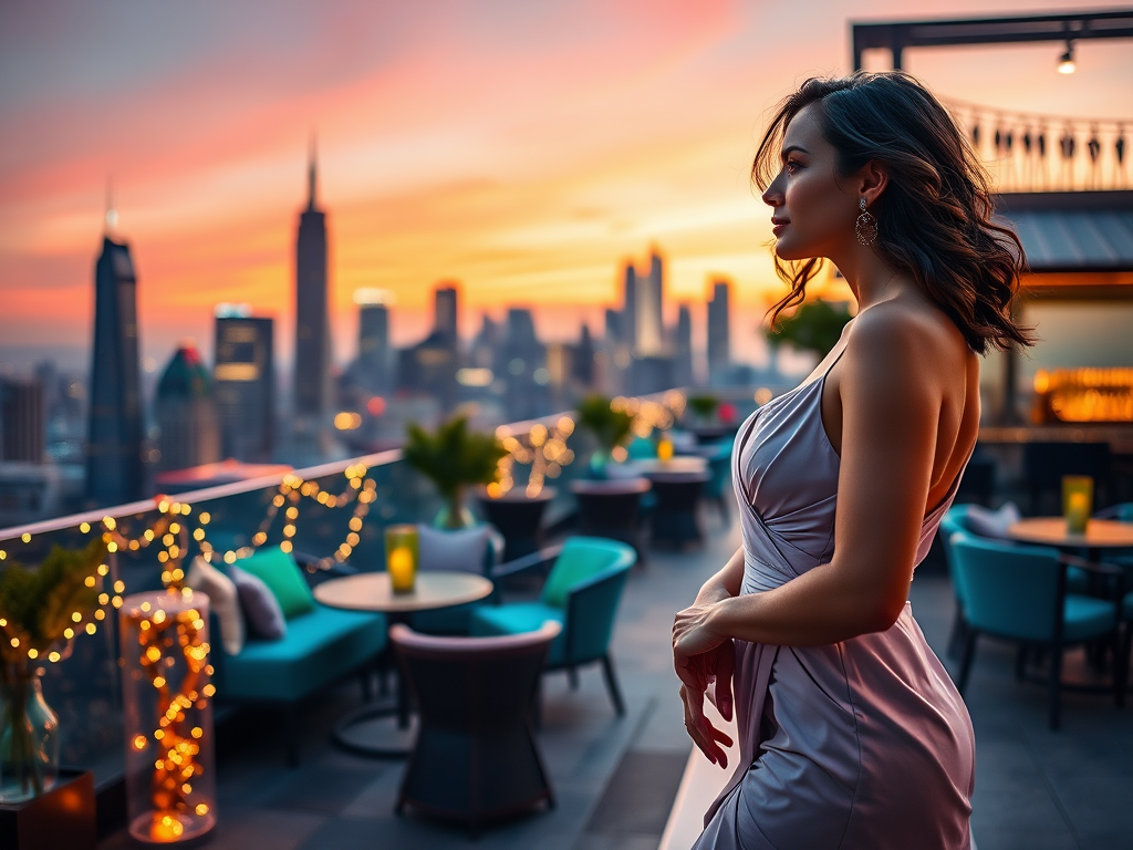 A woman in a silver dress gazes at a sunset over a city skyline from a rooftop terrace adorned with lights.