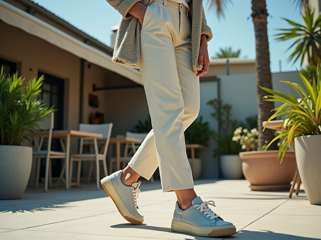 Woman in stylish sneakers and beige pants steps forward in a sunny, plant-filled courtyard.