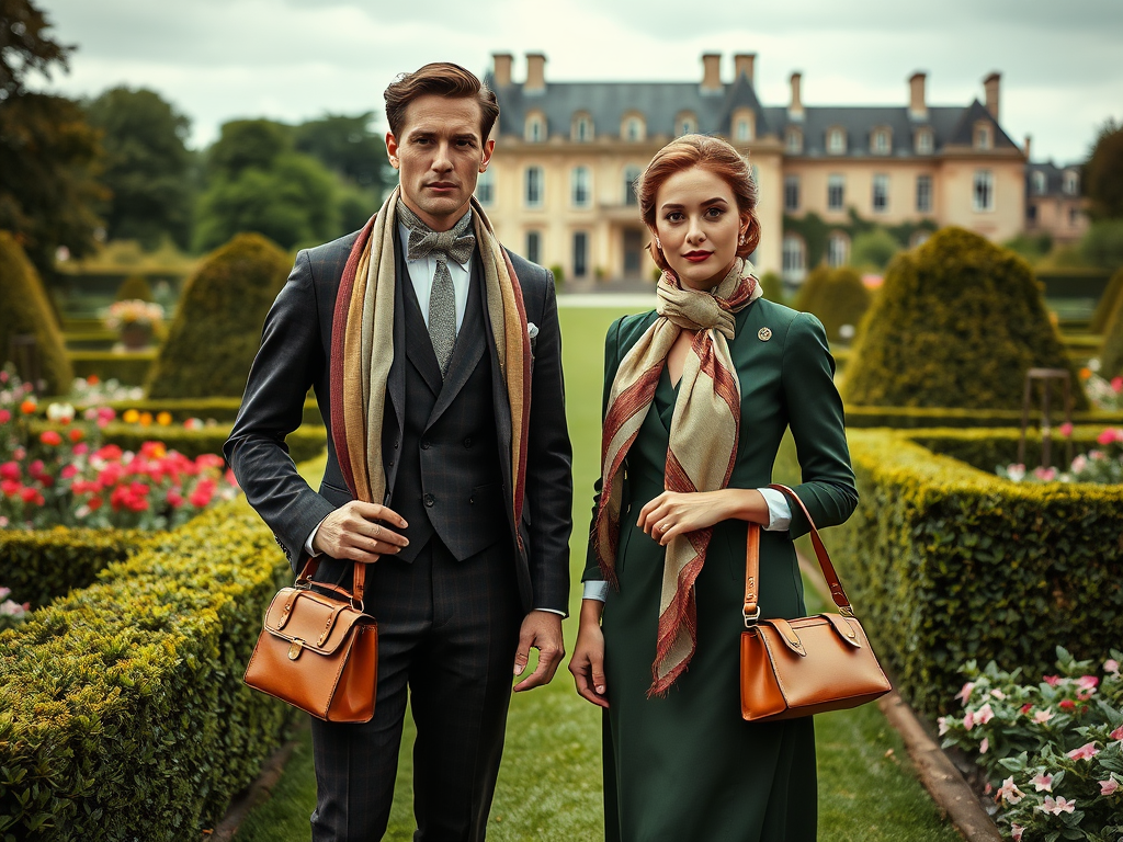 A stylish couple poses in a garden, wearing elegant outfits and scarves, with a mansion in the background.