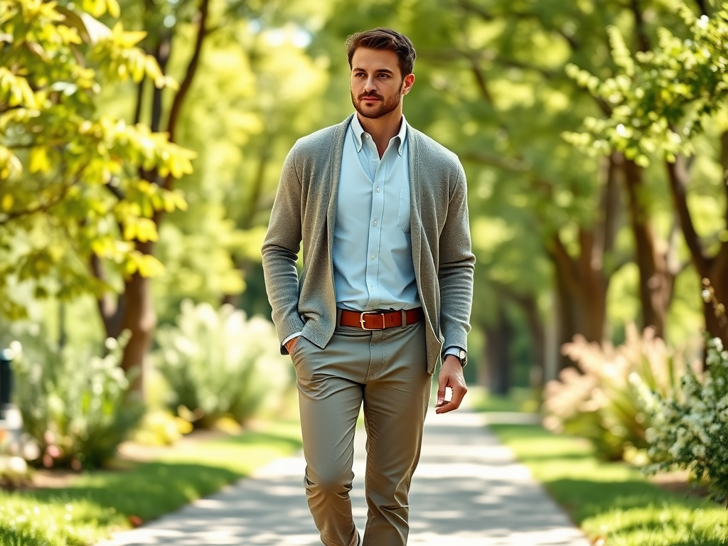 A man walks along a tree-lined path, wearing a light sweater, shirt, and pants, with a confident expression.