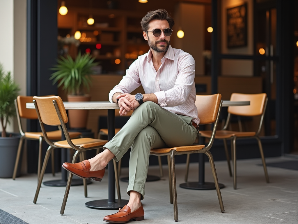 Stylish man in sunglasses sitting with crossed legs at a café table outdoors.