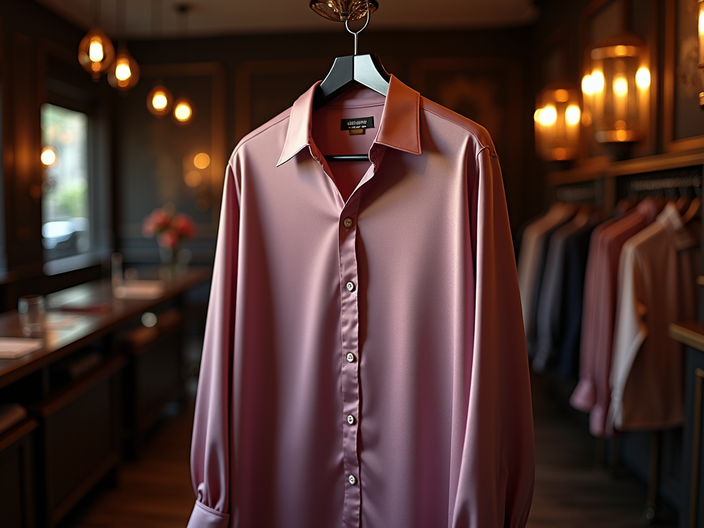 Pink satin shirt on hanger, backlit by warm lights in a stylish clothing store.