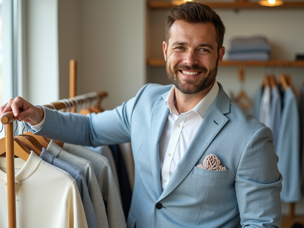 Smiling man in a blue suit browsing clothes in a boutique.