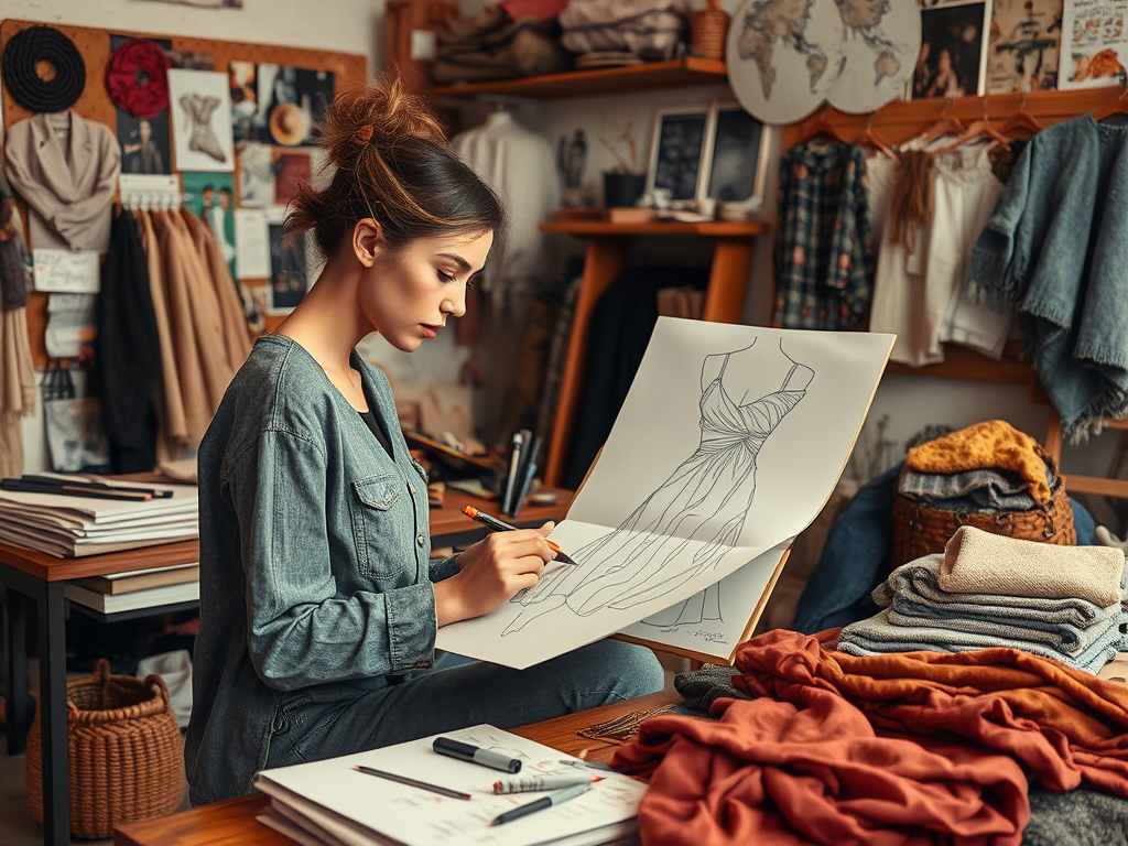 A woman sketches a dress design in a cozy studio filled with fabrics and fashion inspiration.