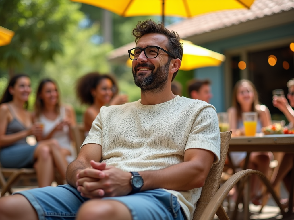 Man wearing glasses, smiling in an outdoor gathering with friends in the background.