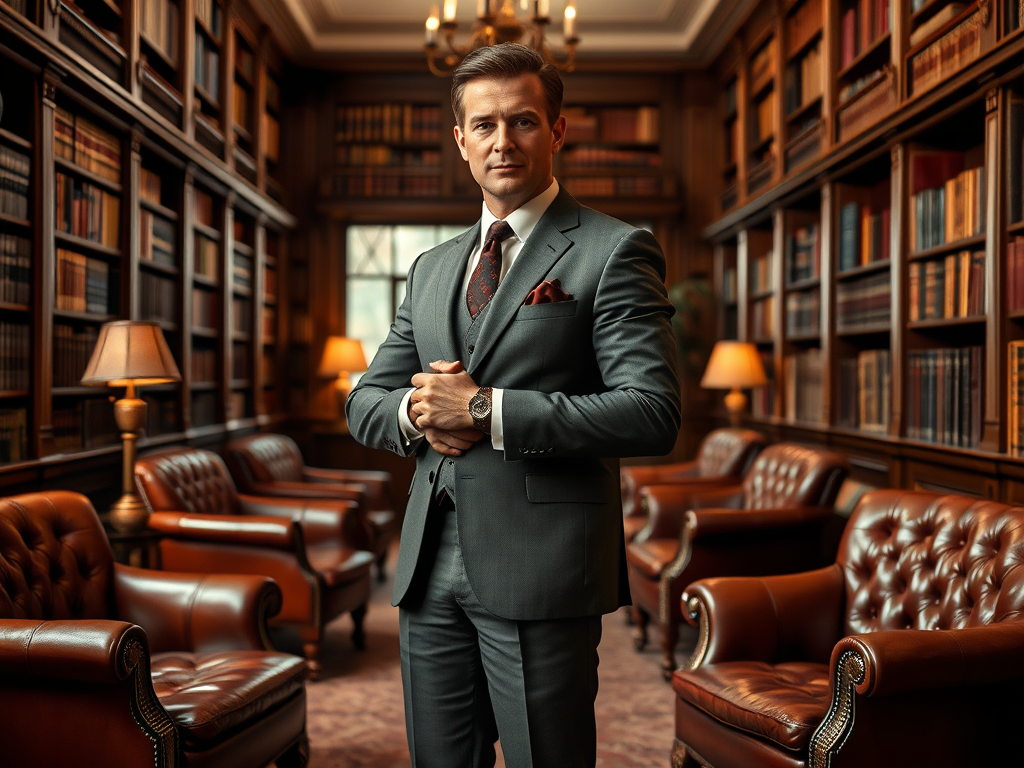 A well-dressed man stands confidently in a library filled with books, surrounded by leather chairs and soft lighting.