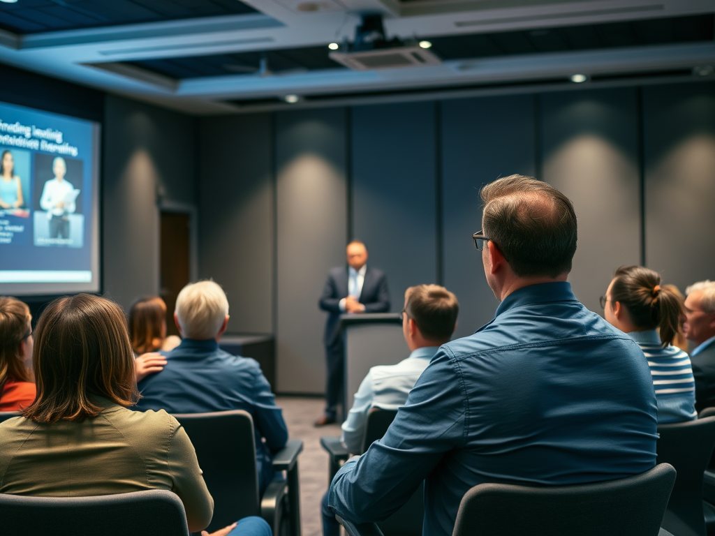 A speaker presents to an audience in a modern conference room, with a visual display in the background.