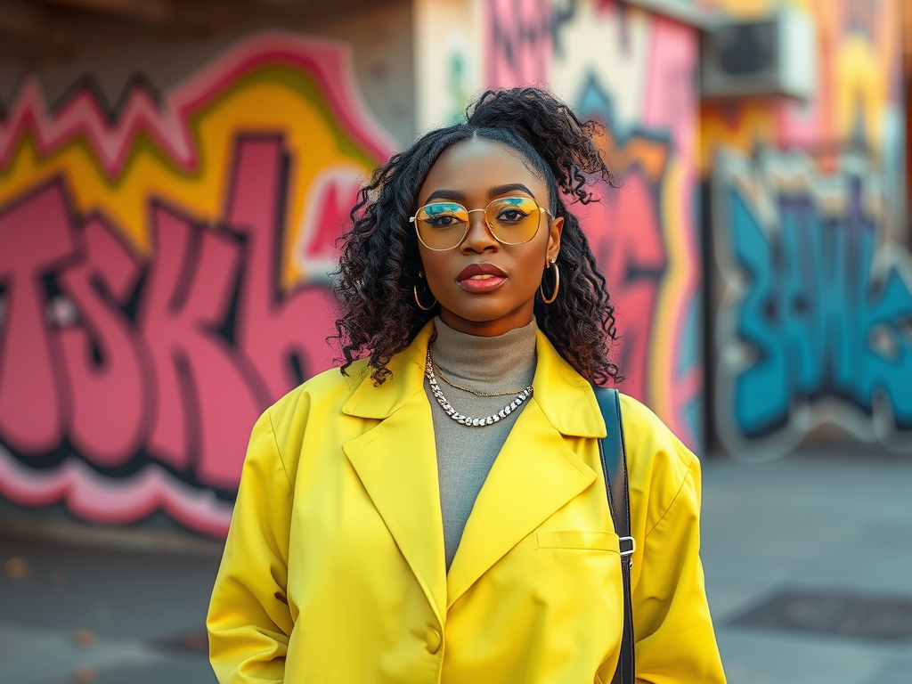 A woman with curly hair wears yellow glasses and a bright yellow coat, standing in front of colorful graffiti.