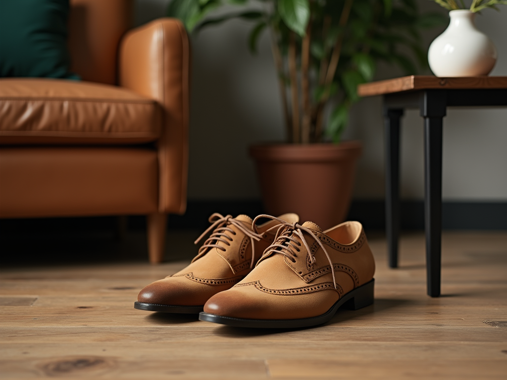 Pair of elegant brown leather shoes on a wooden floor with furniture and plants in the background.