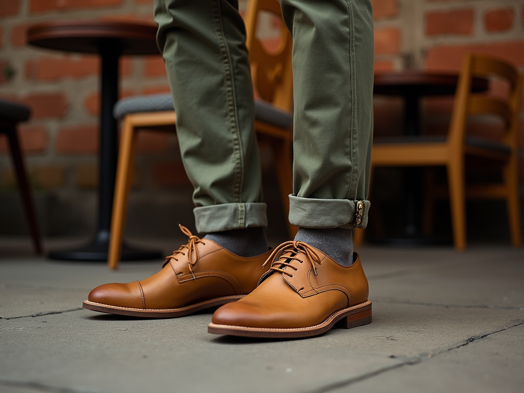 Man wearing green trousers and tan leather shoes standing on a brick sidewalk, with tables in the background.