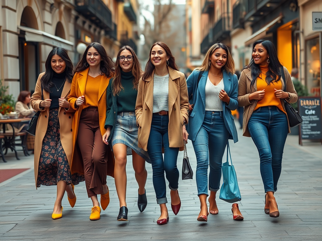 A group of six stylish women walking together on a city street, smiling and enjoying their time.