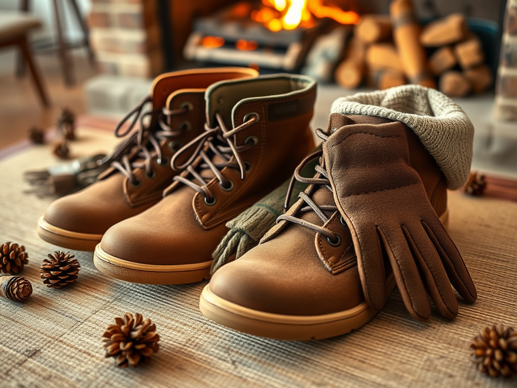 A pair of brown boots and a matching glove on a textured surface with pine cones in front of a cozy fireplace.