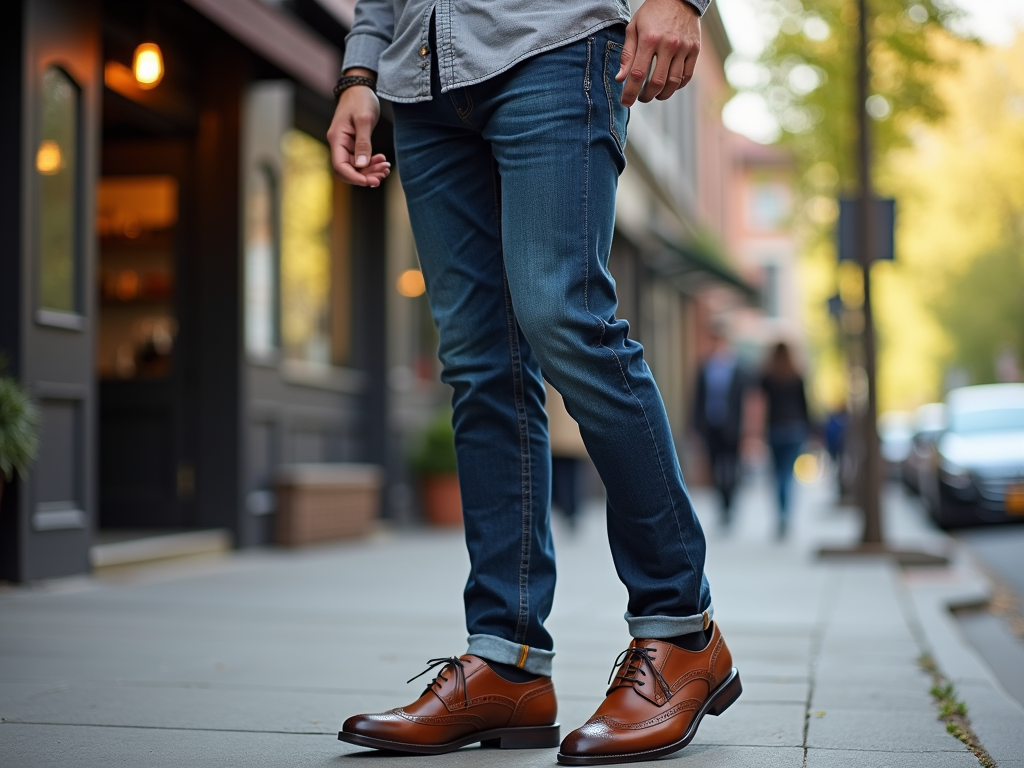 Man in jeans and brown leather shoes standing on a city sidewalk.