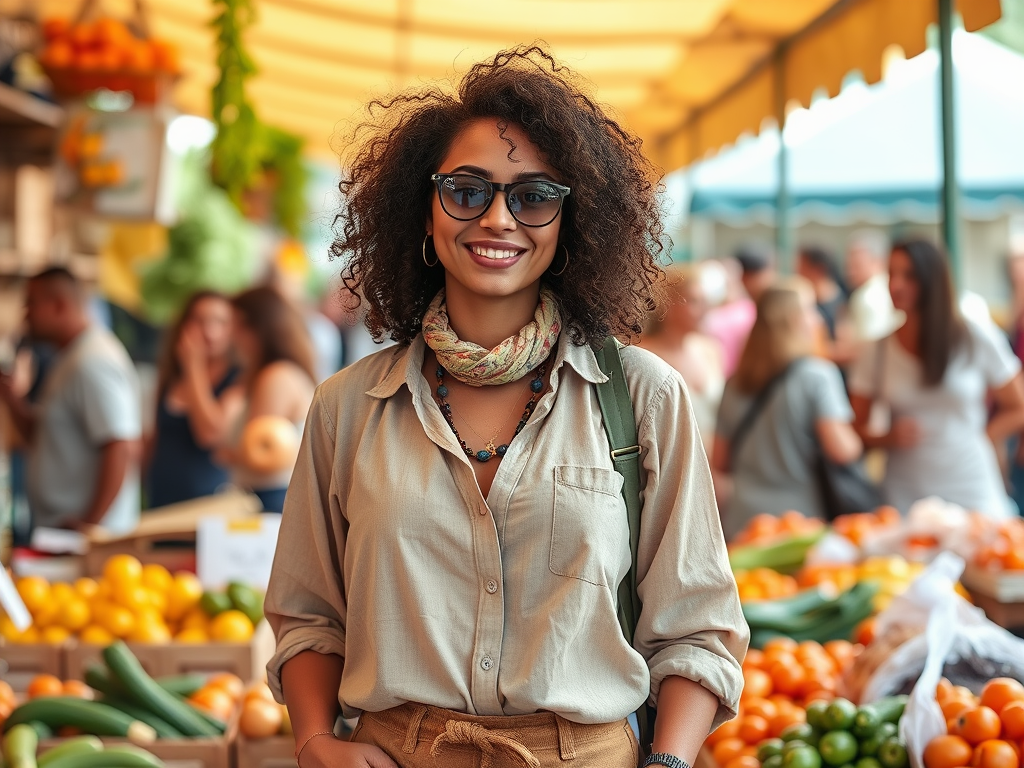 A smiling woman with curly hair and glasses stands at a vibrant market, surrounded by fresh produce and shoppers.