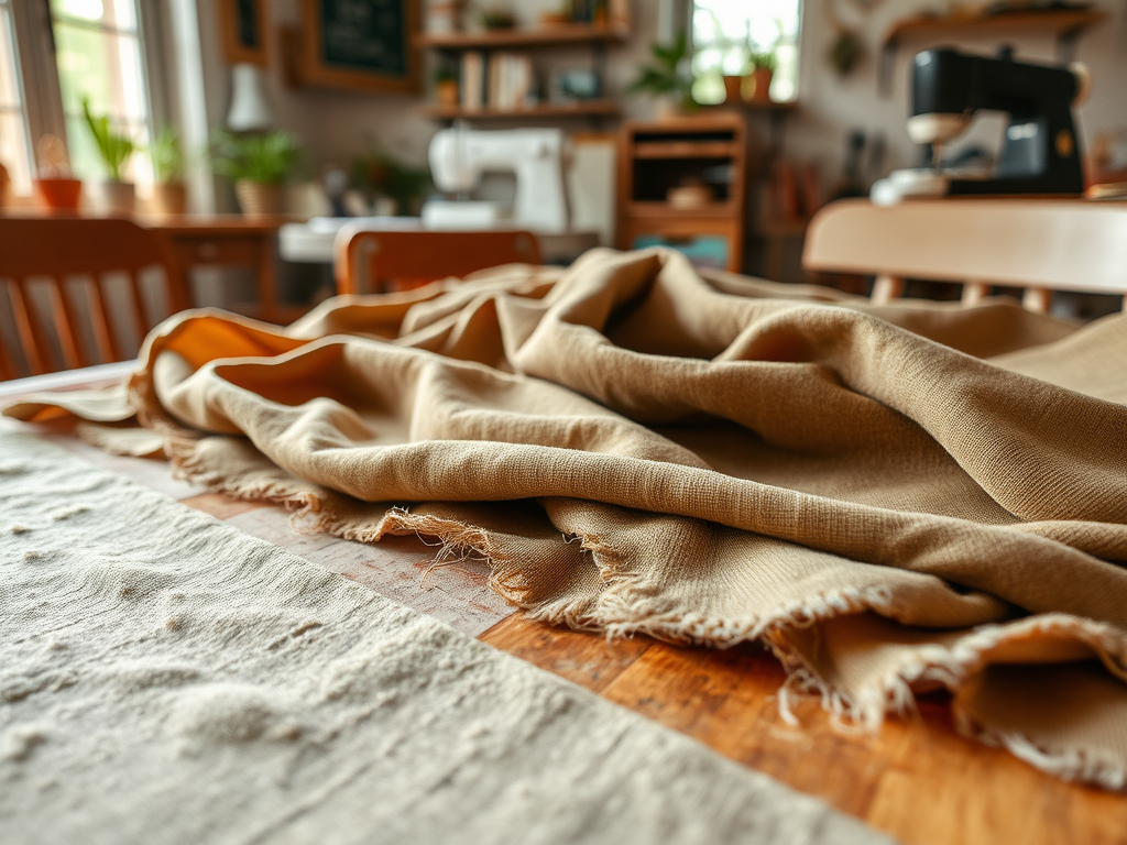 A close-up of a tan fabric draped on a wooden table, with a sewing machine and plants in the background.