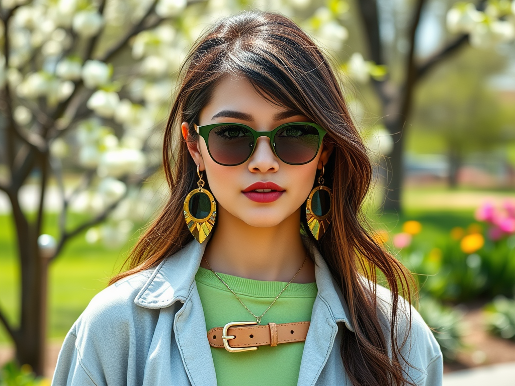 A young woman wearing sunglasses and large earrings, standing outdoors with flowers and trees in the background.