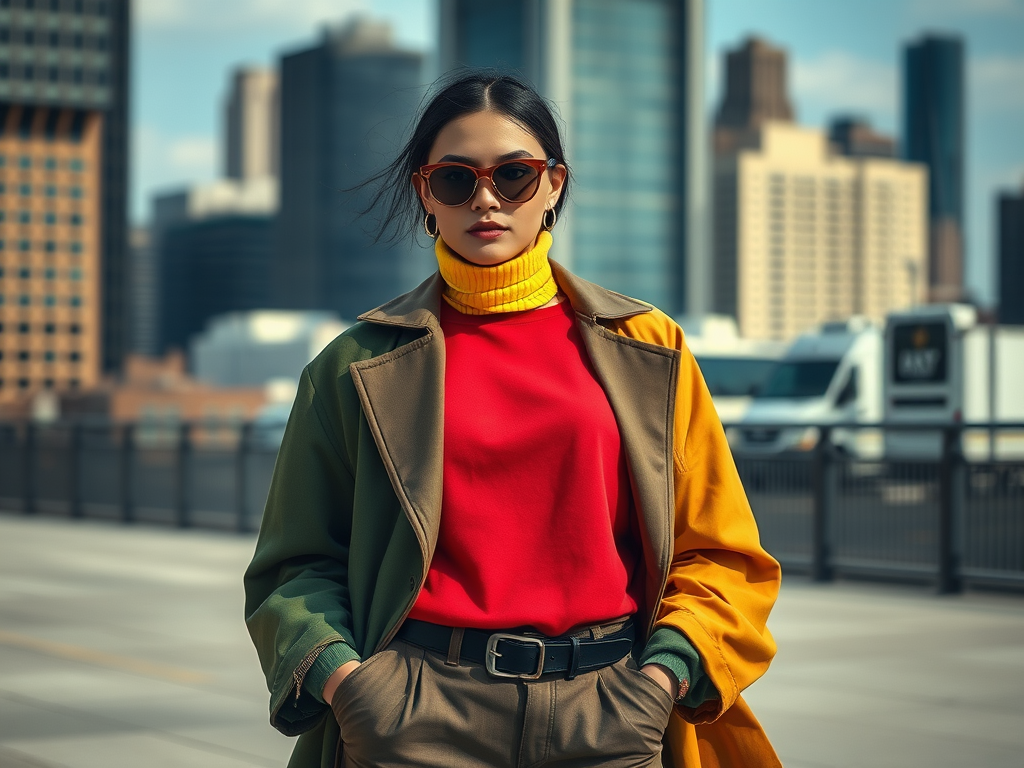 A stylish woman stands confidently in a colorful coat and sunglasses against a city skyline backdrop.