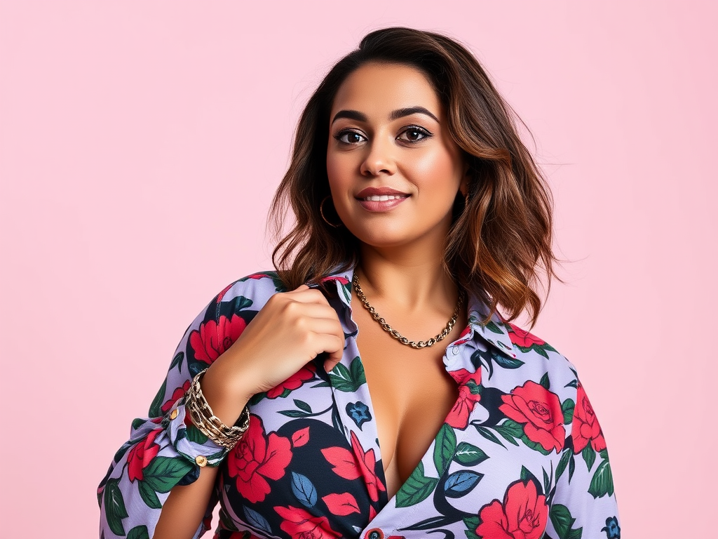 A woman with wavy hair poses in a floral shirt against a pink background, smiling confidently.