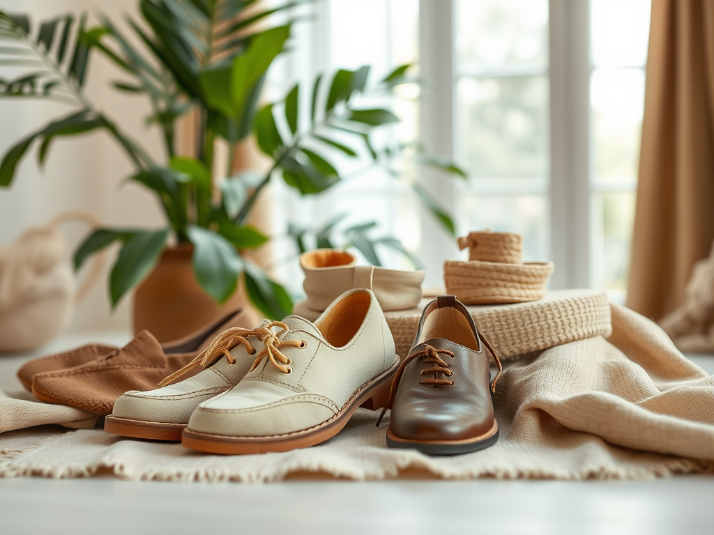 A collection of stylish shoes displayed on a light fabric, with greenery and decor in the background, creating a cozy atmosphere.