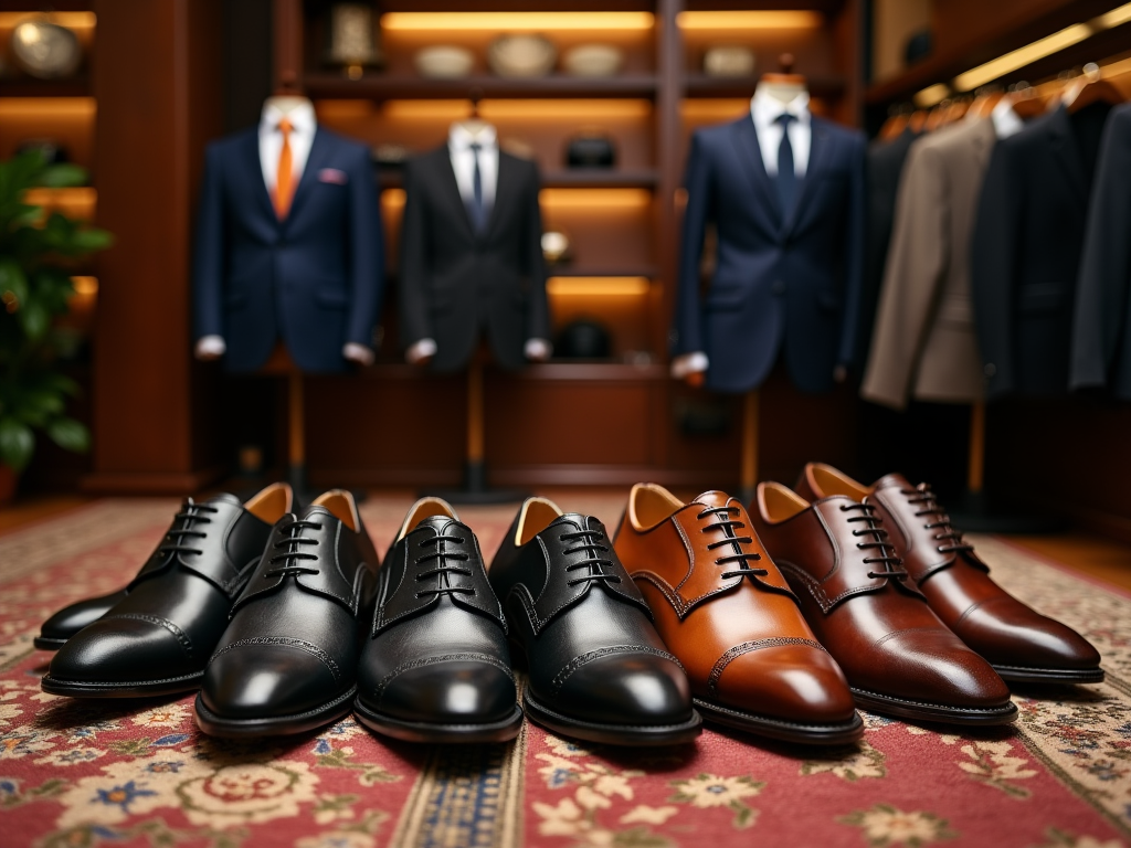 Elegant men's shoes displayed on a rug with suits in a luxurious store background.