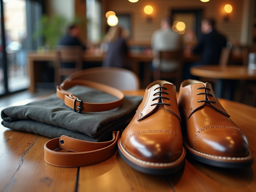 Leather shoes and belt with folded jacket on table in a café with people in background.