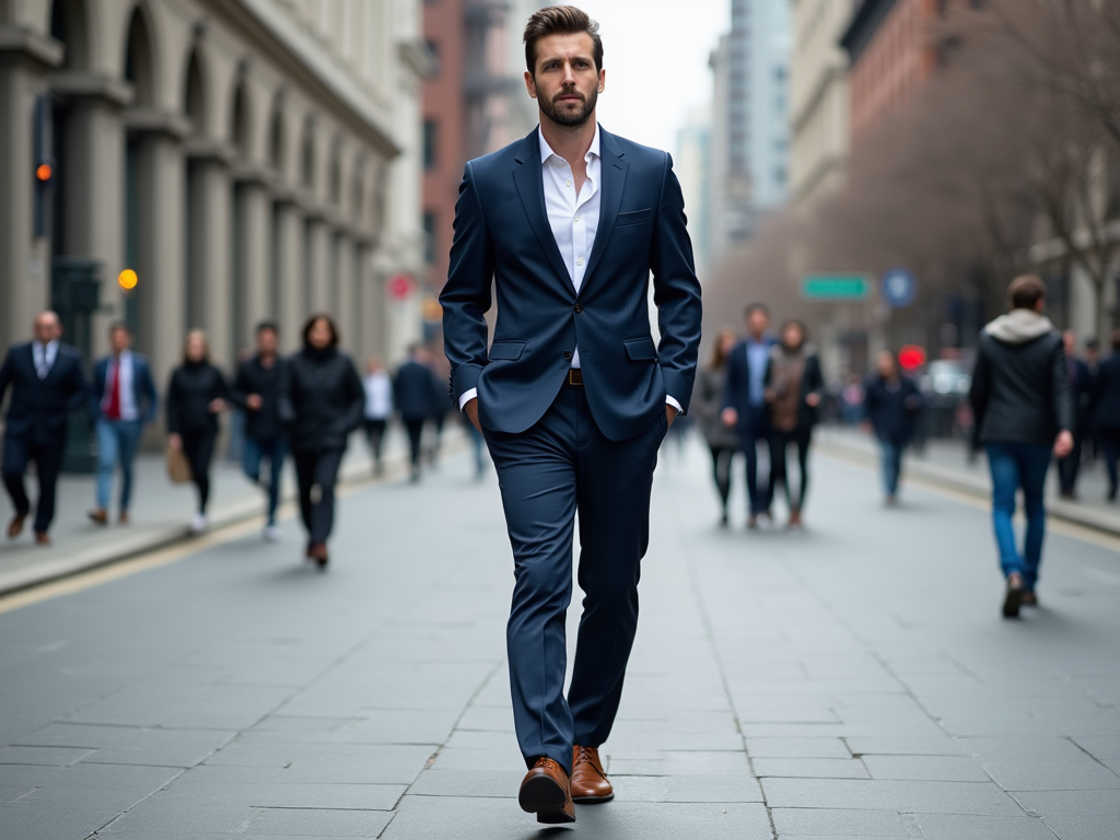 Man in a blue suit confidently walking on a busy city street.