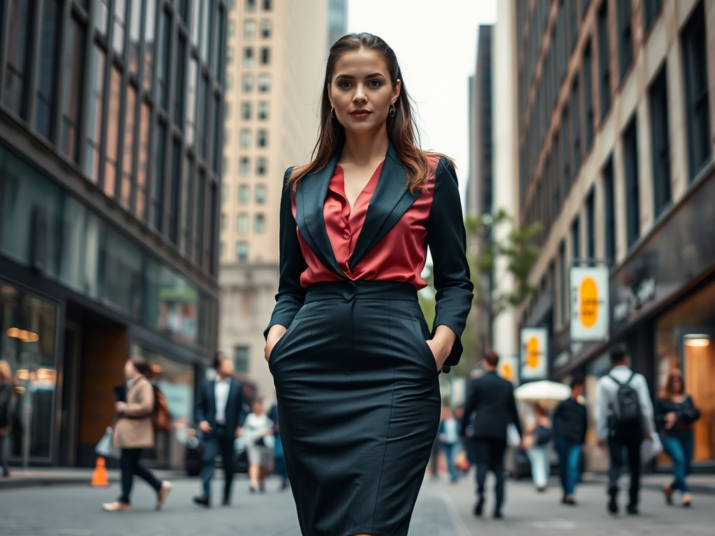 A stylish woman in a red blouse and black skirt stands confidently on a busy city street.