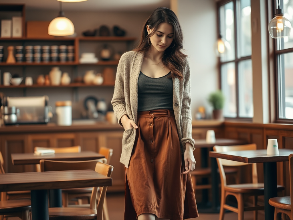 A young woman in a cozy café, wearing a cardigan and skirt, walks thoughtfully among empty tables.