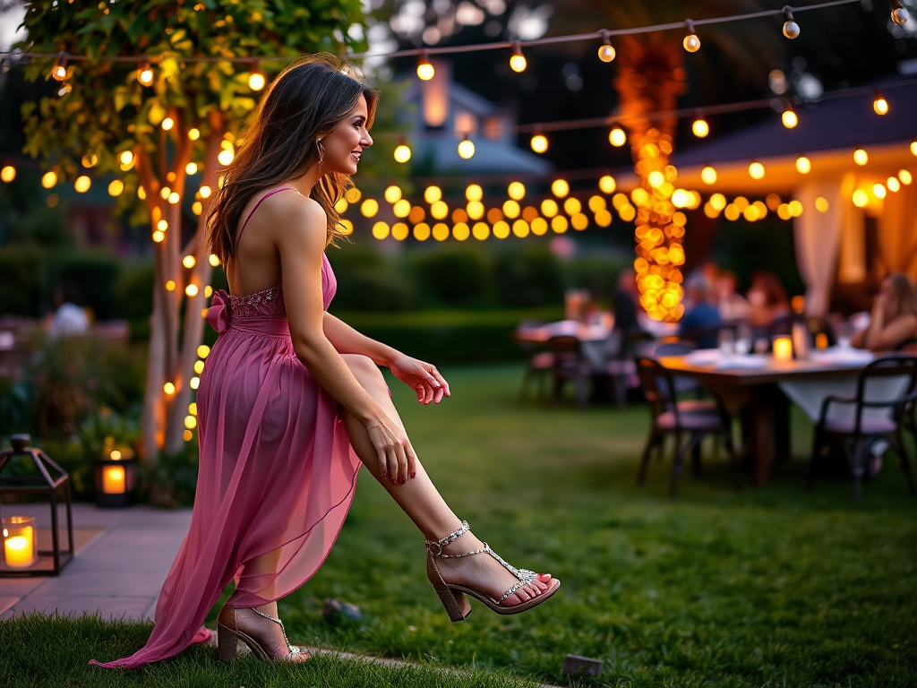 A woman in a pink dress sits on the grass, surrounded by warm string lights and a dinner party in the background.